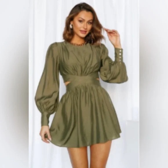 NWT Hello Molly Olive Green Long Sleeve Mini Claudia Dress S - Picture 9 of 9